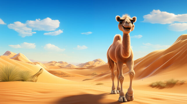 Cute carton smoling camel walking in desert, passower concept, adorable wild character