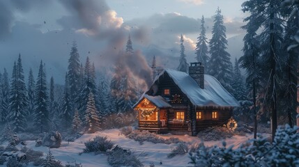 A rustic cabin nestled in a snowy forest, smoke billowing from the chimney as its inhabitants celebrate the holiday season within. 8k, realistic, full ultra HD, high resolution, and cinematic - obrazy, fototapety, plakaty