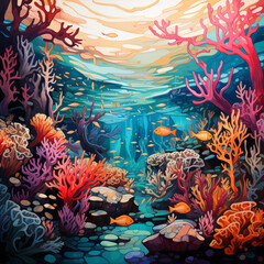 Underwater scene filled with abstracted marine life, coral reefs, and swirling currents, using a vibrant color palette to evoke the beauty and mystery of the ocean. Illustration Style 