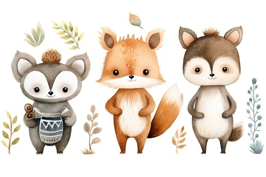 Watercolor set of cute forest animals. Hand drawn vector illustration.