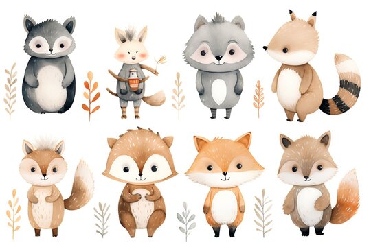 Cute woodland animals set. Hand drawn vector illustration isolated on white background.