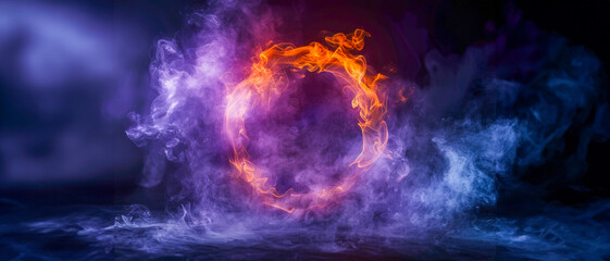 A purple and orange fire circle is surrounded by smoke - obrazy, fototapety, plakaty