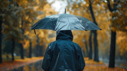 A person wearing a raincoat and holding an umbrella on a rainy day. 
