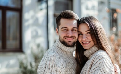Fototapeta premium A man and woman in a sweater pose for the camera, AI