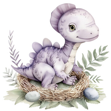 Cute baby hadrosaurus on transparent background. Children and dinosaur concept. Watercolor cartoon illustration for kids, sticker, collection, elements for design