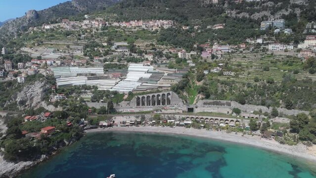 Flight over the mediterranean coastline on the border Italy France. Grimaldi (Ventimiglia)