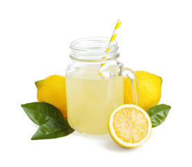 Refreshing lemon juice in mason jar, leaves and fruits isolated on white