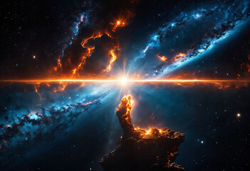 A spectacular blend of fire and cosmic elements ignites the depths of space in a mesmerizing display of light