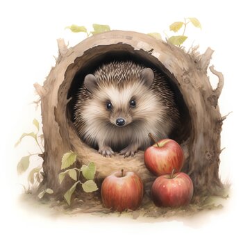 Cute hedgehog in hollow with apples. Watercolor illustration.
