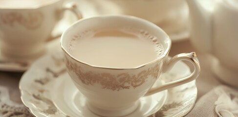 Obraz na płótnie Canvas High-quality porcelain tea set with golden accents arranged for an inviting tea time