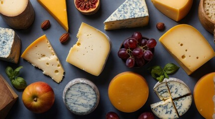 Cheese of different varieties on a gray-blue background.