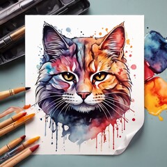 "Powerful Watercolor Cat Logo"