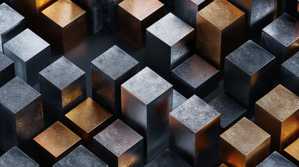 Copper, silver, gold cubes on charcoal offer an elegant backdrop for sophisticated branding.