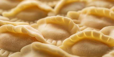 Macro shot revealing the intricate details and beautiful texture of freshly made Italian ravioli pasta, a staple in Italian cuisine - obrazy, fototapety, plakaty