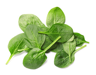 Pile of fresh spinach leaves isolated on white, top view
