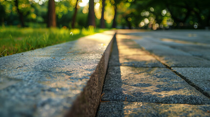 Granite curb in outdoor park at summer, overgrown grass lawn and tree line with paddle-stone path for quite and calm walk in lovely morning