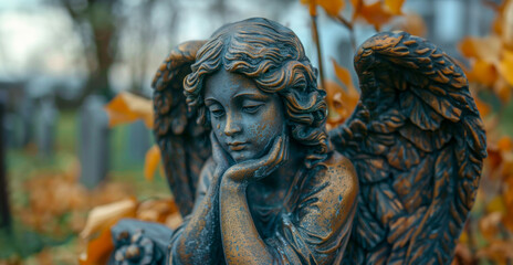 A statue of an angel is sitting on the ground with its head resting on its hand