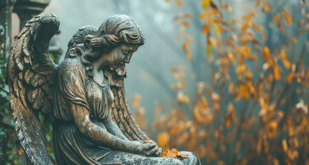 A statue of an angel is sitting on a bench in a park