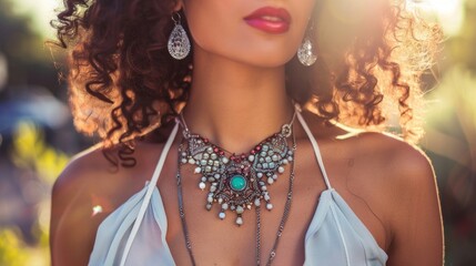 A woman accessorizing with a statement necklace to complement her outfit. 