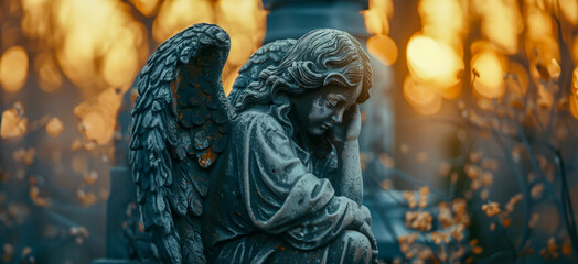 A statue of an angel is sitting on a grave - obrazy, fototapety, plakaty