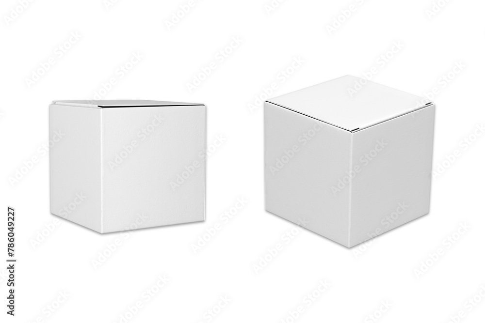 Poster realistic cardboard boxes mockup set. front and half side views mockup isolated on white background.
