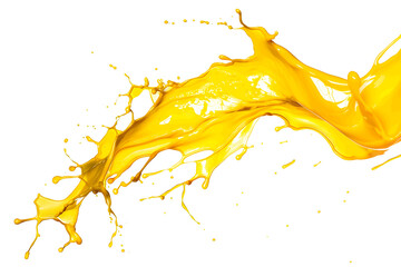 Energetic yellow paint splashes in motion on transparent background.