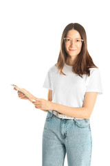 woman with a notebook on a white background. isolated