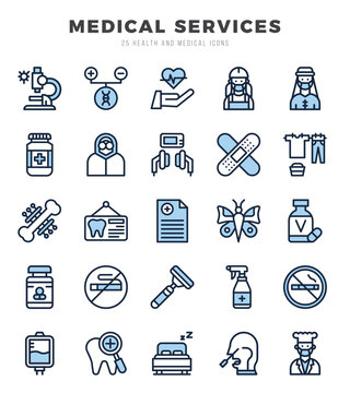 Vector icons set of MEDICAL SERVICES. Two Color style Icons.