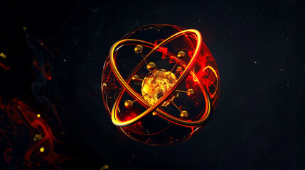 Atomic structure sphere, electrons in red and protons in yellow against space black. - obrazy, fototapety, plakaty