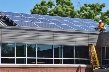 The technician installs solar panels, contributing to environmental protection and sustainable development