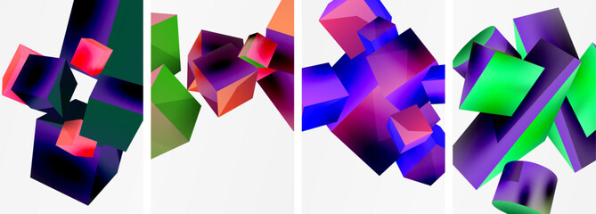 A vibrant collage of four different colored cubes Purple, Violet, Magenta, and Electric Blue arranged symmetrically on a white background, creating a harmonious pattern