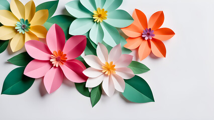 Paper flowers on white background, closeup. Floral card design