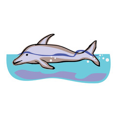 Pixel art of a common dolphin swimming in electric blue water