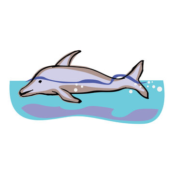 Pixel art of a common dolphin swimming in electric blue water