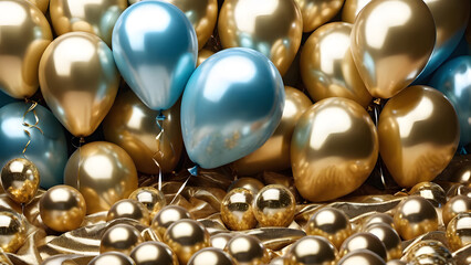 blue and gold balloons and golden ribbons background