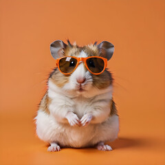 Cute hamster in orange sunglasses sitting on orange background with copy space