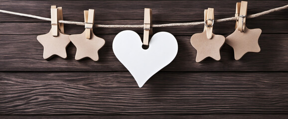 Happy Valentine's Day background banner panorama - White heart hang on wooden clothes pegs with wooden heart  - Powered by Adobe