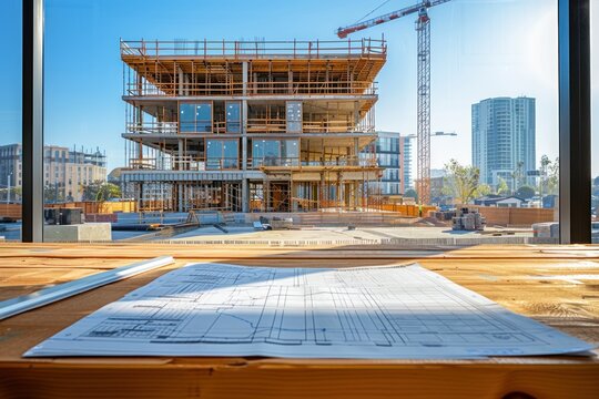 office building under construction, and draw a table at a distance from this building