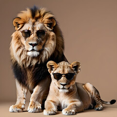 Lion family in sunglasses. Studio shot. Isolated on brown background.