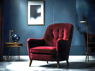 Living room with armchair.  empty walls background painting. Mockup for art. Burgundy maroon chair. 3d rendering