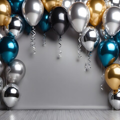  balloons and ribbons on a grey wall background