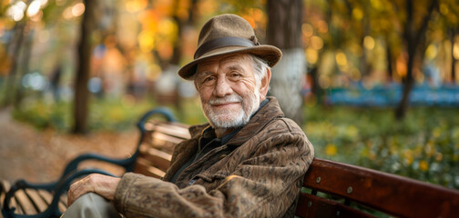 A man wearing a hat and a brown jacket is sitting on a bench in a park