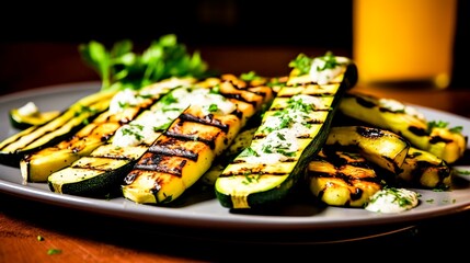 A plate of a grilled zucchini with some sauce on it