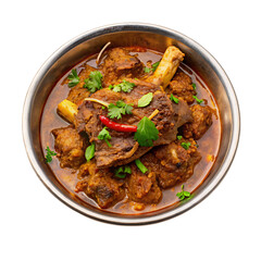bowl of beef stew with green onions and cilantro on transparent background