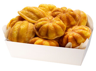 Sweet egg sponge muffin cake in paper plate isolated on white background, Castella cake made with egg and sugar, soft dough on white PNG File.