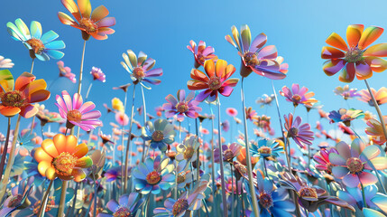 Fototapeta na wymiar Rainbow 3D flowers on azure evoke a cheery, vibrant indoor ambience.