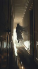 Illustrate a haunting scene of a wraith materializing in the shadows of a dimly lit hallway, glaring at the unsuspecting family with malevolent intent Use digital rendering techniques to capture the e - obrazy, fototapety, plakaty