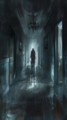 Illustrate a haunting scene of a wraith materializing in the shadows of a dimly lit hallway, glaring at the unsuspecting family with malevolent intent Use digital rendering techniques to capture the e - obrazy, fototapety, plakaty