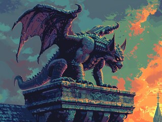 Illustrate the Gargoyle in a pixel art style, showcasing its transformation from inert statue to vengeful guardian Utilize vibrant colors and dynamic pixel movements to convey its sudden awakening and - obrazy, fototapety, plakaty