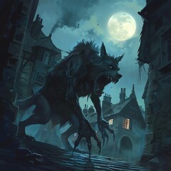 Illustrate the menacing Chupacabra emerging from the shadows, its sharp claws glinting under the pale moonlight, evoking fear and mystery Capture the tension between the townsfolk as they cautiously u
